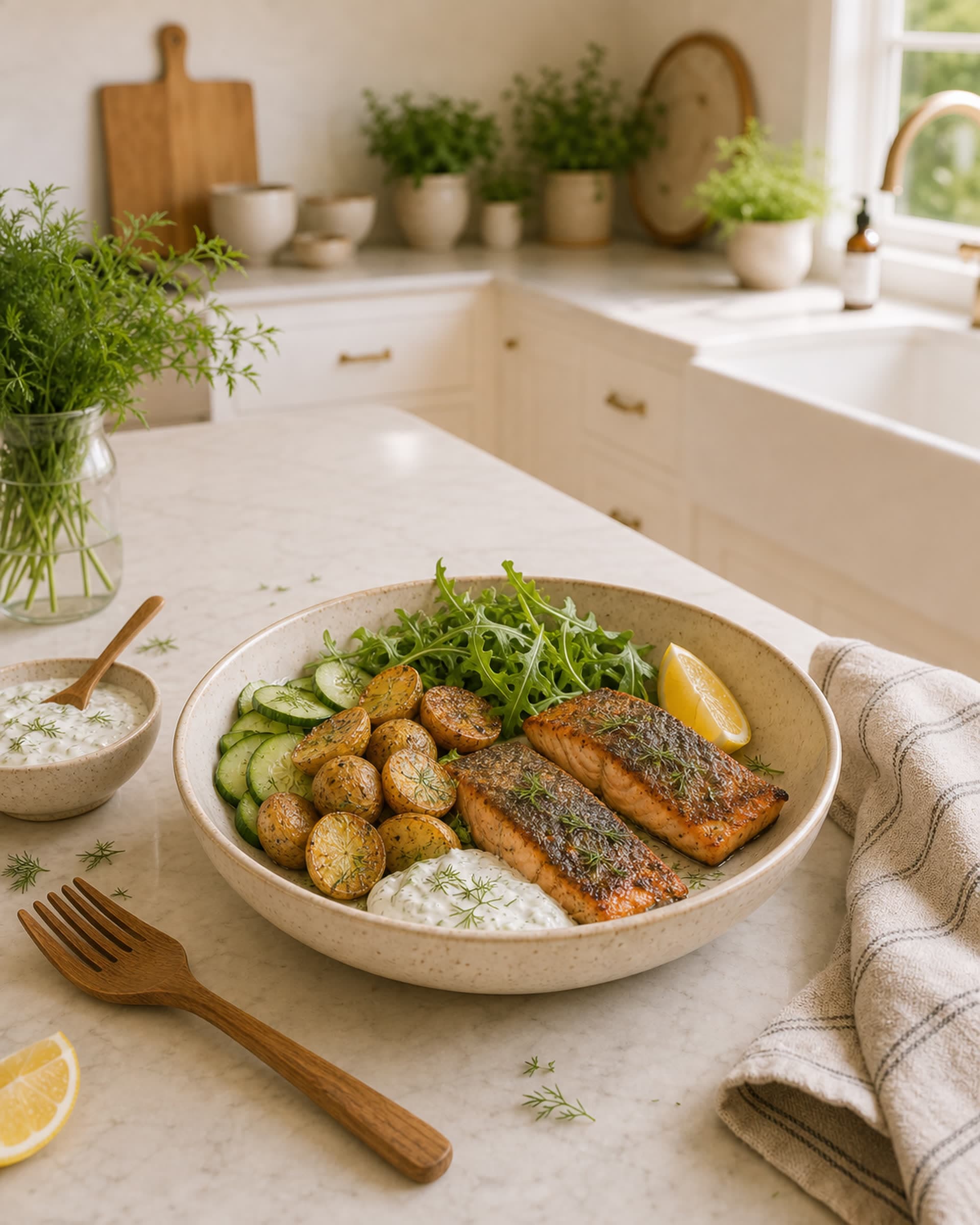 Crispy salmon bowl with dill yogurt: herbed salmon fillets, golden roasted potatoes, cucumber, arugula, lemon, and fresh dill on a marble counter with a striped linen towel.