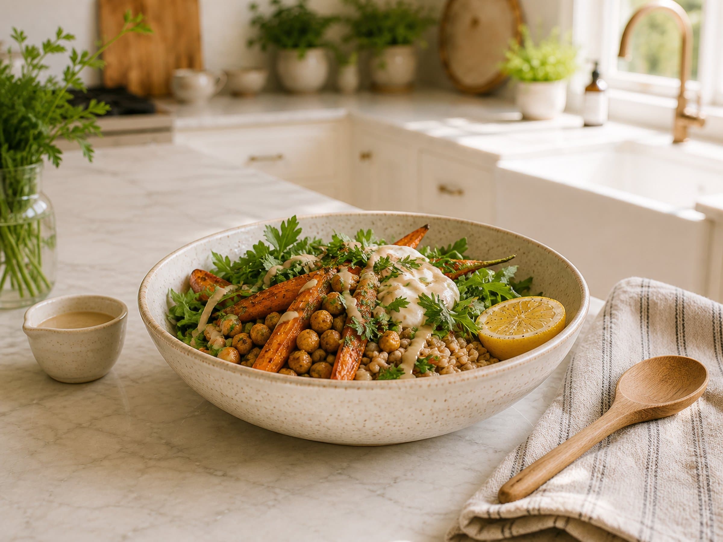 A grain bowl with roasted carrots, chickpeas, greens, and lemon on a speckled stoneware bowl, on a marble counter.