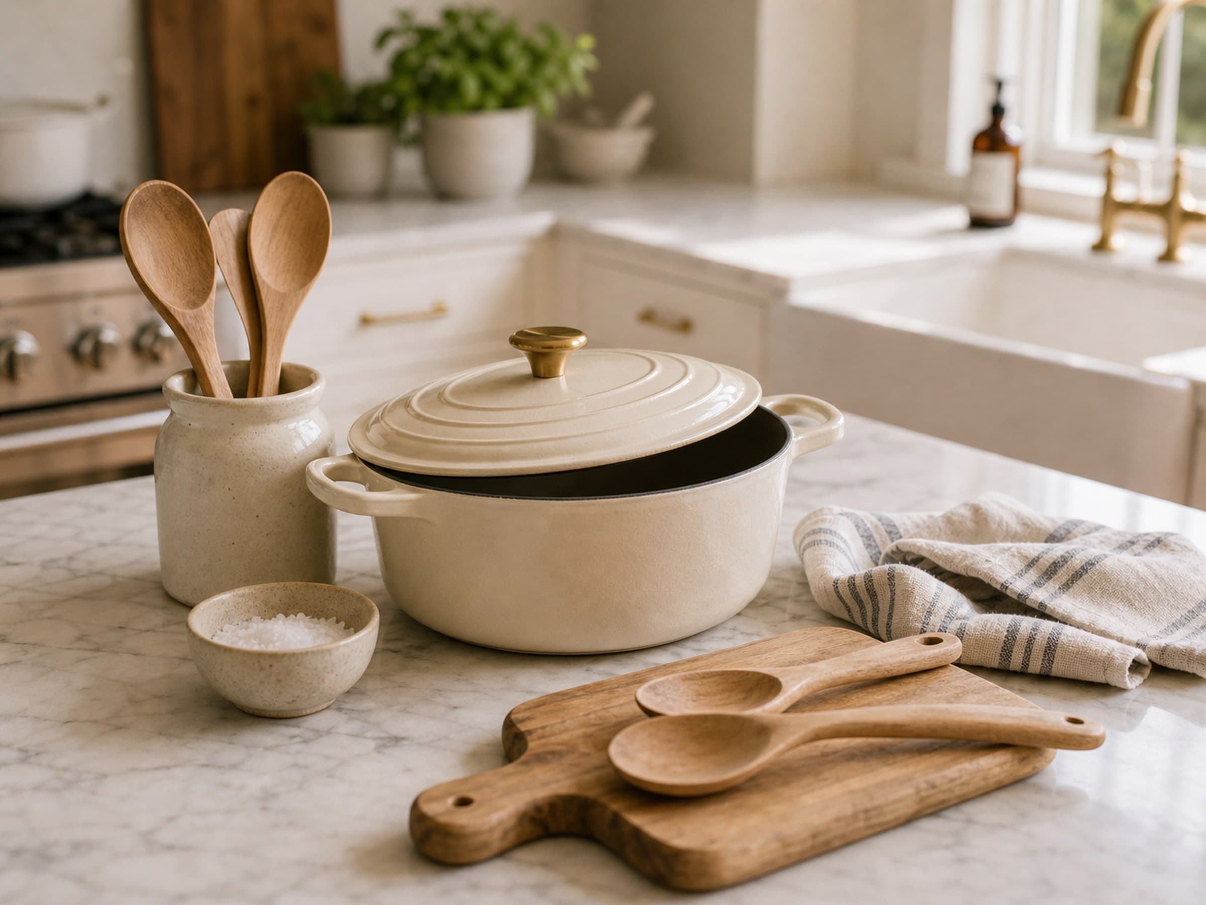 A still life of kitchen tools: a cream Dutch oven, wooden spoons, and a striped linen on a marble counter.