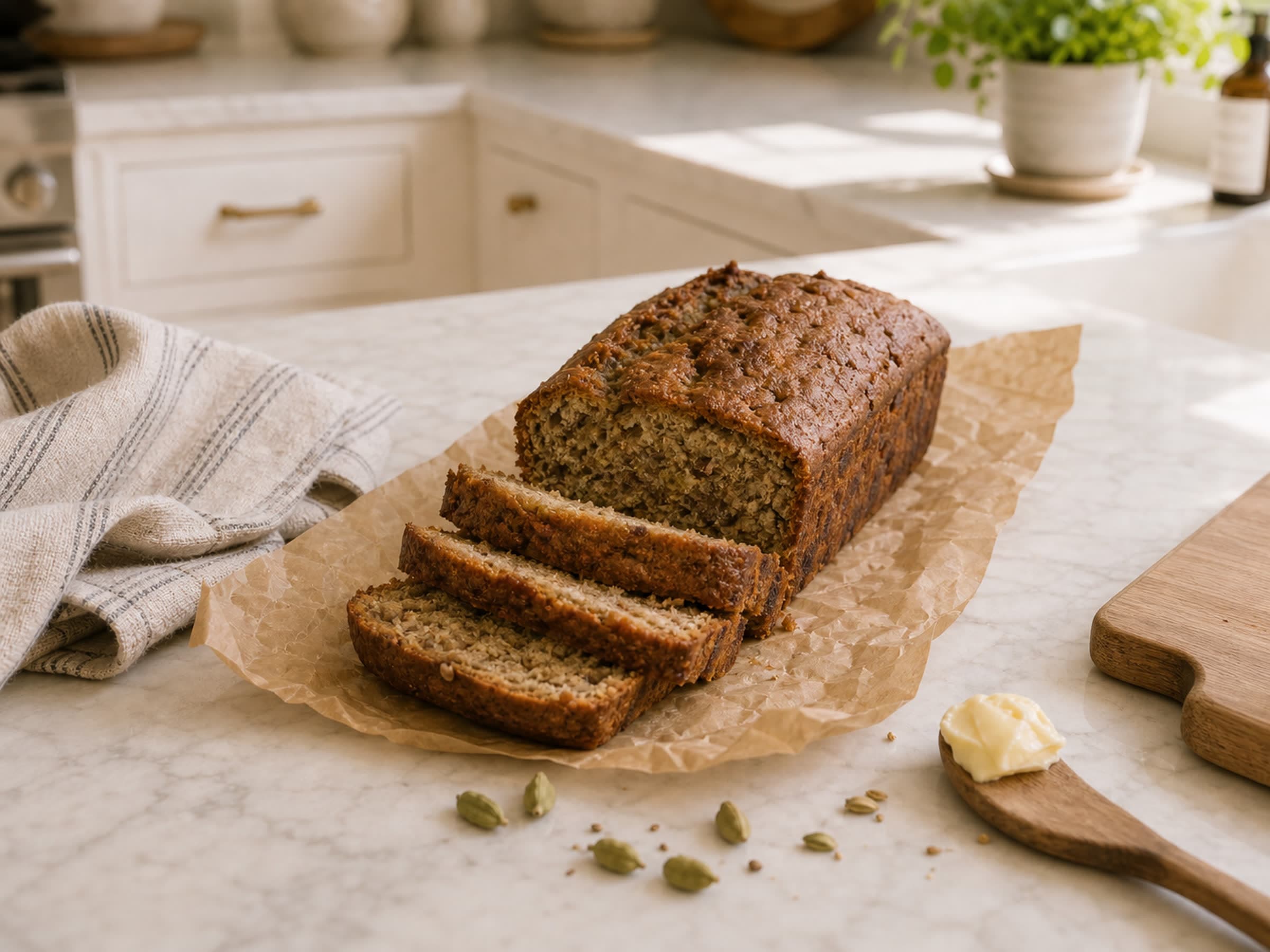 A rustic banana bread partially sliced on parchment paper on a marble counter, with a folded striped linen.