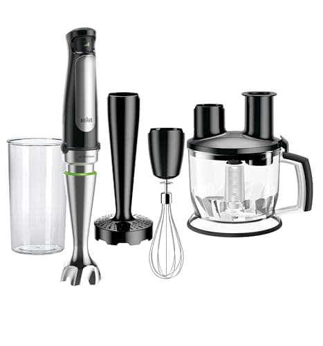 Braun MultiQuick immersion blender in black and stainless steel with a beaker attachment.