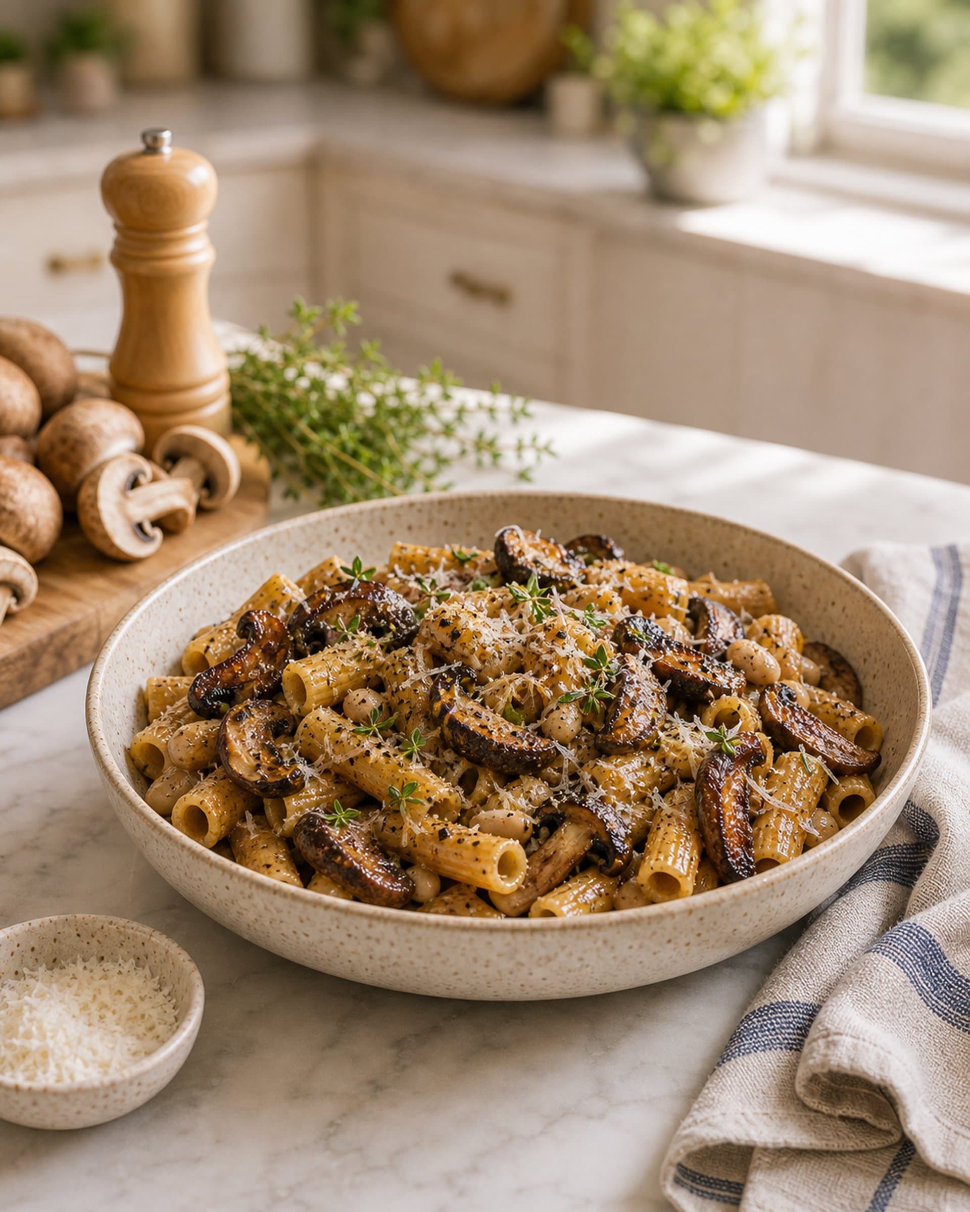A wide cream-speckled stoneware bowl of brown butter mushroom pasta on a white marble counter: short pasta in a glossy nutty brown sauce, deeply browned cremini and shiitake mushrooms distributed throughout, white cannellini beans folded in, a snow of freshly grated parmesan, scattered fresh thyme leaves, cracked black pepper, a small drizzle of olive oil pooling on the surface. Beside the bowl: a small wooden cutting board with halved cremini mushrooms, a sprig of fresh thyme, a wooden pepper mill, a folded striped cream-and-blue linen tea towel, a small dish of more grated parmesan. Soft late-afternoon kitchen light.