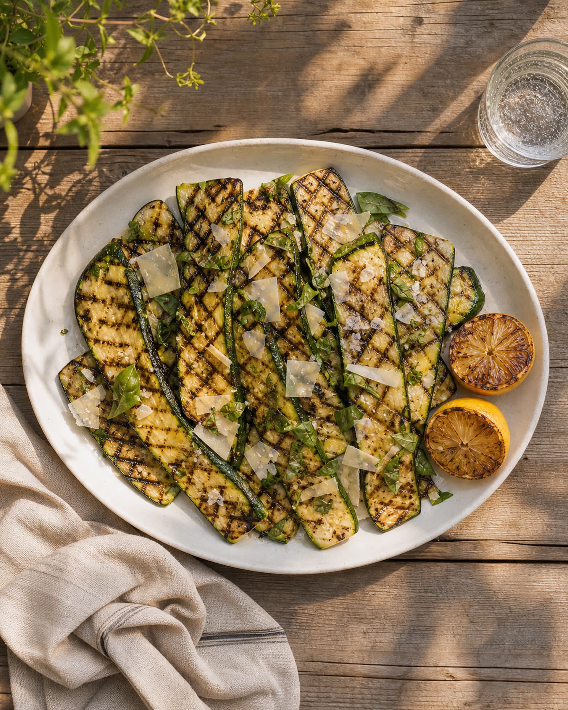 Charred grilled zucchini planks piled on a white platter on an outdoor wooden table, scattered with torn basil, shaved parmesan, and flaky salt, with grilled lemon halves alongside.